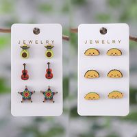 3 Pairs Cute Cartoon Star Emoji Face Wood Ear Studs main image 1