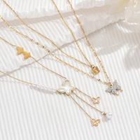 Stainless Steel Imitation Pearl Shell 14K Gold Plated IG Style Shiny Beaded Inlay Butterfly Shell Zircon Double Layer Necklaces Pendant Necklace main image 1