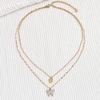 Stainless Steel Imitation Pearl Shell 14K Gold Plated IG Style Shiny Beaded Inlay Butterfly Shell Zircon Double Layer Necklaces Pendant Necklace main image 7