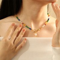IG Style Color Block Freshwater Pearl Stone 18K Gold Plated Women's Pendant Necklace main image 6