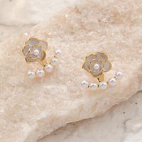 1 Pair Elegant Romantic Flower Inlay Copper Artificial Pearls 18K Gold Plated Drop Earrings Ear Studs main image 5