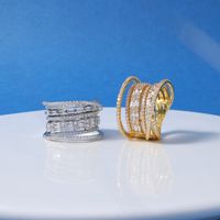 Wholesale Glam Shiny Lines Copper Irregular Layered Inlay Gold Plated Rhodium Plated Zircon Rings main image 6