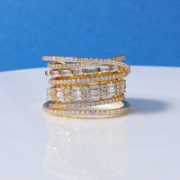 Wholesale Glam Shiny Lines Copper Irregular Layered Inlay Gold Plated Rhodium Plated Zircon Rings sku image 1
