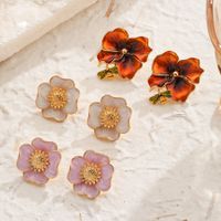 1 Pair Vacation Romantic Flower Enamel Copper 18K Gold Plated Ear Studs main image 1