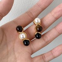 1 Pair Simple Style Geometric Inlay Brass Artificial Pearls Agate Tiger Eye Ear Studs main image 4