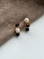 1 Pair Simple Style Geometric Inlay Brass Artificial Pearls Agate Tiger Eye Ear Studs sku image 1