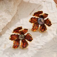 1 Pair Classical Exaggerated Romantic Flower Enamel Inlay Copper Freshwater Pearl 18K Gold Plated Ear Studs main image 5