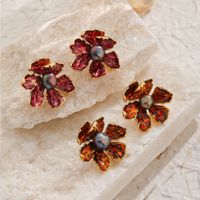 1 Pair Classical Exaggerated Romantic Flower Enamel Inlay Copper Freshwater Pearl 18K Gold Plated Ear Studs main image 1