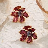 1 Pair Classical Exaggerated Romantic Flower Enamel Inlay Copper Freshwater Pearl 18K Gold Plated Ear Studs main image 6