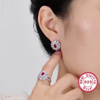 Elegant Glam Flower Synthetic Gemstones Sterling Silver High Carbon Drill White Gold Plated Women's Rings Earrings Jewelry Set main image 5