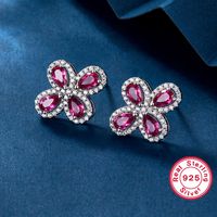 Elegant Glam Flower Synthetic Gemstones Sterling Silver High Carbon Drill White Gold Plated Women's Rings Earrings Jewelry Set main image 3