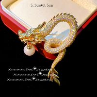 IG Style Shiny Leaf Flower Dragon Copper Plating Inlay Pearl Zircon Women's Brooches sku image 1