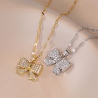 Titanium Steel Vintage Style Bow Knot Diamond Pendant Necklace main image 6