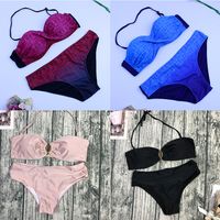 Women's Solid Color Printing 2 Pieces Set Bikinis Swimwear main image 2