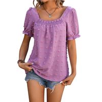 Women's Chiffon Shirt Short Sleeve T-Shirts Jacquard Pleated Vacation Solid Color main image 5