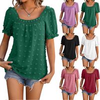 Mujeres Camisa De Gasa Manga Corta Camisetas Jacquard Plisado Vacaciones Color Sólido main image 6