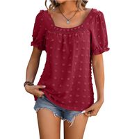 Women's Chiffon Shirt Short Sleeve T-Shirts Jacquard Pleated Vacation Solid Color main image 4