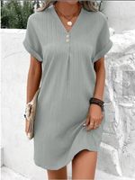 Frau Normales Kleid Einfacher Stil V-Ausschnitt Taste Kurzarm Einfarbig Knielang Ferien Täglich main image 6