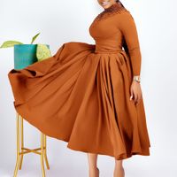 Frau Swing-Kleid Einfacher Stil Rollkragen Perlen Falten Lange Ärmel Einfarbig Midi-Kleid Ferien Täglich main image 1