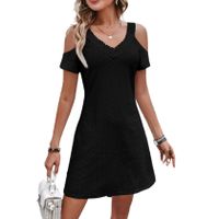 Women's Regular Dress Vacation Simple Style V Neck Lace Hollow Out Short Sleeve Solid Color Midi Dress Holiday Daily main image 5
