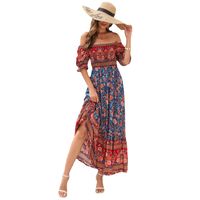 Women's Regular Dress Bohemian U Neck Printing Lettuce Trim Short Sleeve Printing Maxi Long Dress Travel Daily main image 2