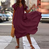 Women's Regular Dress Elegant V Neck Pleated Short Sleeve Solid Color Midi Dress Daily Street main image 4