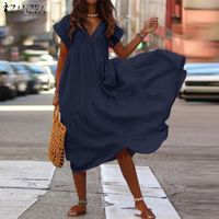 Women's Regular Dress Elegant V Neck Pleated Short Sleeve Solid Color Midi Dress Daily Street main image 2