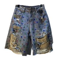 Women's Daily Casual Streetwear Solid Color Knee Length Beaded Diamond Jeans Shorts main image 4