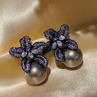 1 Pair Elegant Lady Flower Plating Inlay Imitation Pearl Copper Zircon Earrings sku image 6