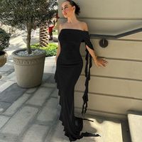 Women's Party Dress Sexy Boat Neck Thigh Slit Long Sleeve Solid Color Midi Dress Party Date main image 5
