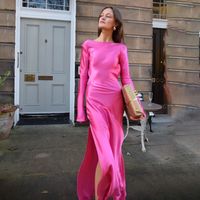 Women's Sheath Dress Streetwear Round Neck Backless Long Sleeve Solid Color Maxi Long Dress Selfie main image 1