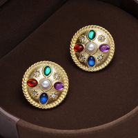 1 Pair Elegant Vintage Style French Style Flower Inlay Alloy Glass Pearl 18K Gold Plated Drop Earrings sku image 1