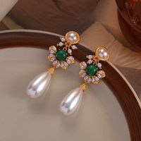1 Pair Vintage Style French Style Commute Round Enamel Inlay Copper Pearl Zircon 18K Gold Plated Drop Earrings Ear Studs main image 5