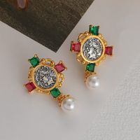 1 Pair Vintage Style French Style Commute Round Enamel Inlay Copper Pearl Zircon 18K Gold Plated Drop Earrings Ear Studs main image 6