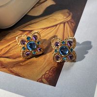 1 Pair Elegant Vintage Style French Style Flower Inlay Alloy Glass Pearl 18K Gold Plated Drop Earrings sku image 8