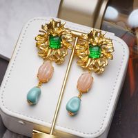 1 Pair Vintage Style French Style Commute Round Enamel Inlay Copper Pearl Zircon 18K Gold Plated Drop Earrings Ear Studs sku image 7