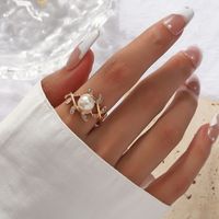 Wholesale Jewelry Elegant Simple Style Leaf Alloy Artificial Pearls Gold Plated Plating Inlay Open Rings main image 1