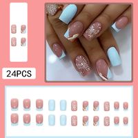 Foreign Trade Style European And American Light Blue Fresh French Gold Thread Butterfly Manicure Fashion Wear Nail Finished Product Removable Nail Tip main image 3