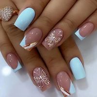 Foreign Trade Style European And American Light Blue Fresh French Gold Thread Butterfly Manicure Fashion Wear Nail Finished Product Removable Nail Tip main image 1