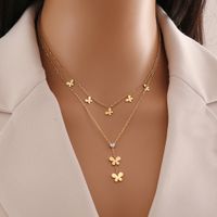 Stainless Steel 18K Gold Plated Cute Sweet Hollow Out Inlay Heart Shape Eye Butterfly Zircon Double Layer Necklaces main image 4