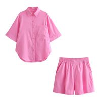 Holiday Women's Vacation Solid Color Cotton Pocket Pants Sets Shorts Sets main image 2
