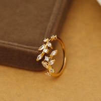 Wholesale Vacation Simple Style Leaves Copper Plating Inlay 18K Gold Plated Zircon Open Rings main image 3