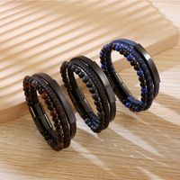 Business Argyle Stainless Steel Pu Leather Natural Stone Beaded Knitting Men's Wristband main image video