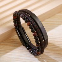 Business Argyle Stainless Steel Pu Leather Natural Stone Beaded Knitting Men's Wristband main image 4