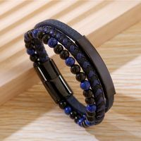 Business Argyle Stainless Steel Pu Leather Natural Stone Beaded Knitting Men's Wristband main image 3