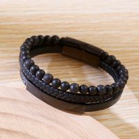 Business Argyle Stainless Steel Pu Leather Natural Stone Beaded Knitting Men's Wristband main image 5