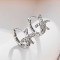 1 Pair Elegant Cute Starfish Copper Zircon Silver Plated Hoop Earrings sku image 1