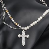 304 Stainless Steel Casual Hip-Hop Beaded Pearl Inlay Cross Zircon Pendant Necklace main image 9