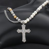 304 Stainless Steel Casual Hip-Hop Beaded Pearl Inlay Cross Zircon Pendant Necklace main image 3