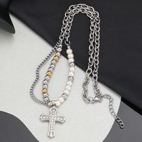 304 Stainless Steel Casual Hip-Hop Beaded Pearl Inlay Cross Zircon Pendant Necklace main image 6